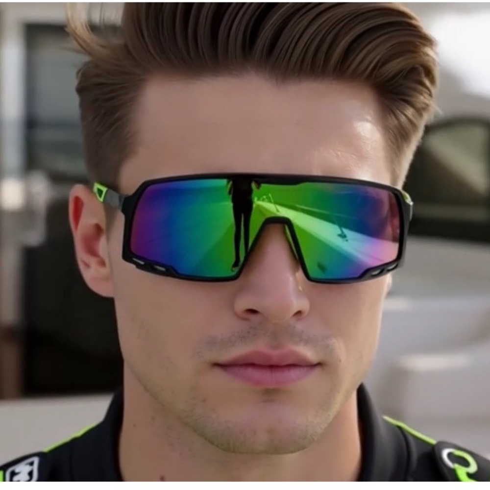Men's Sport Sunglasses Black Frame Mirror Lens Neon Green Accents Outfit Gafas